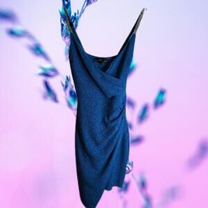 Windsor XS spaghetti straps with accent blue faux wrap woman's cocktail dress.